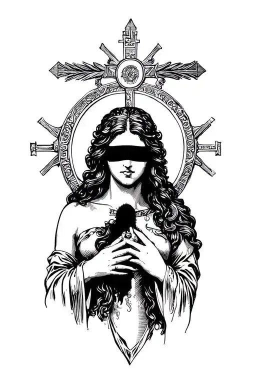 woman with an eye mask holding Christ, femme fatale, black, mysterious tattoo design idea