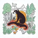 A psychedelic forest landscape with animals and flowers in vibrant colors inspired by 70s music tattoo design idea