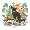 A psychedelic forest landscape with animals and flowers in vibrant colors inspired by 70s music tattoo design idea