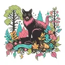 A psychedelic forest landscape with animals and flowers in vibrant colors inspired by 70s music tattoo design idea