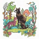 A psychedelic forest landscape with animals and flowers in vibrant colors inspired by 70s music tattoo design idea