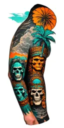 Black,Orange, Teal and grey arm sleeve with Aztec ruins, warrior faces, skulls, realistic palm trees, stormy clouds.  tattoo design idea