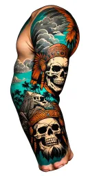 Black,Orange, Teal and grey arm sleeve with Aztec ruins, warrior faces, skulls, realistic palm trees, stormy clouds.  tattoo design idea