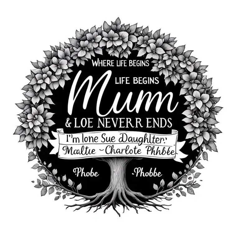Family Tree with following qoute - Where life begins and love never ends. Mum Sue Charlotte Phoebe Wife Daughter tattoo design idea