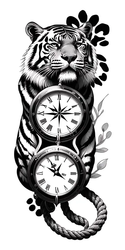 tiger, fluer de lis, compass, clock, rope, paw print tattoo design idea