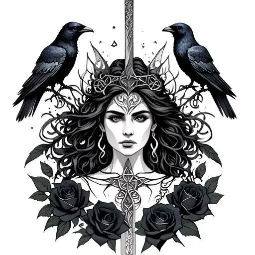 Celtic Goddess, Morrigan. Surrounded by ravens, black roses and swords tattoo design idea