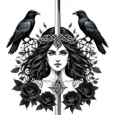 Celtic Goddess, Morrigan. Surrounded by ravens, black roses and swords tattoo design idea