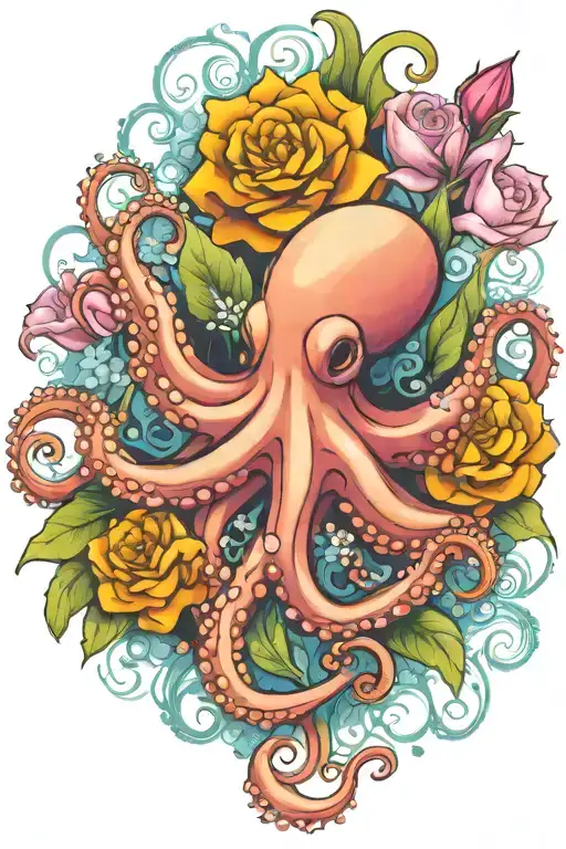 octopus, snowdrop, rose,  marigold flower tattoo design idea