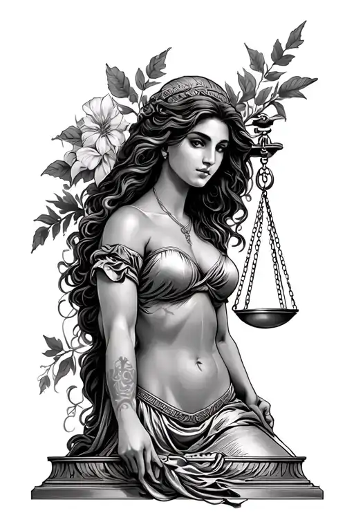 black women lady justice Libra scale arm sleeve tattoo design idea