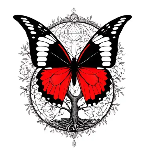 red and black butterfly with white on tops of wings with tree of life and 999 tattoo tattoo design idea