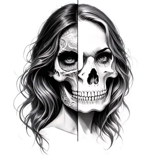 half woman's face half skull with detail tattoo design idea