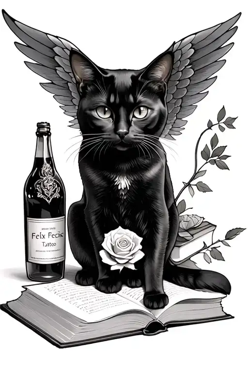 A winged black cat with elegant and mystical pose, seated on an open book + a bottle of Felix Felicis and a rose tattoo design idea
