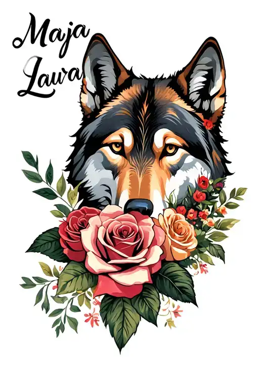 "Maja Laura" flowers, family, wolves, roses, leaves, tribal, tattoo design idea