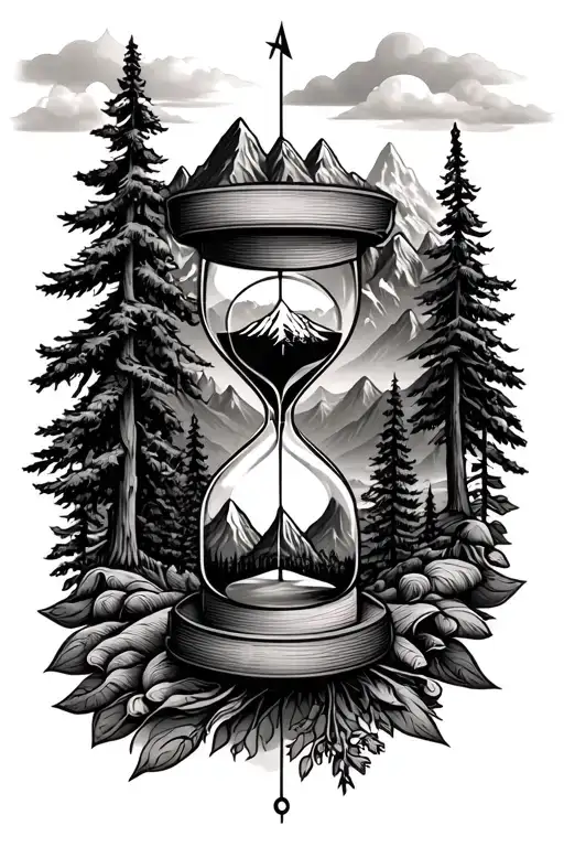 mountains with compass and forests and hourglass  tattoo design idea