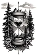 mountains with compass and forests and hourglass  tattoo design idea