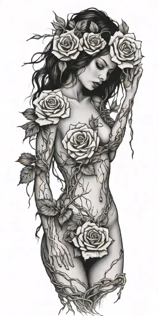 girl naked, broken chains, tree roots, roses tattoo design idea