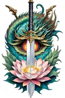 Dragon scales which turns into lotus flowers with a sword in its center and a dragon eye in the guard tattoo design idea