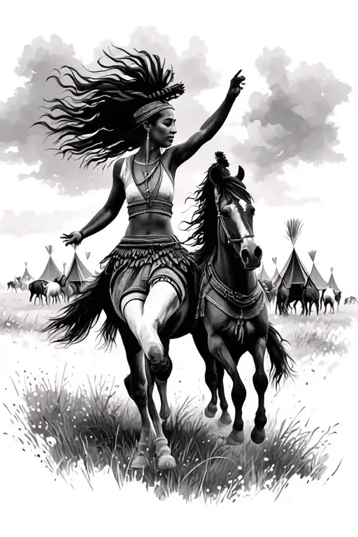 You can design a Qashqai tattoo design that women dancing Halle Qashqai in a large grassland with Qashqai tents and horses tattoo design idea