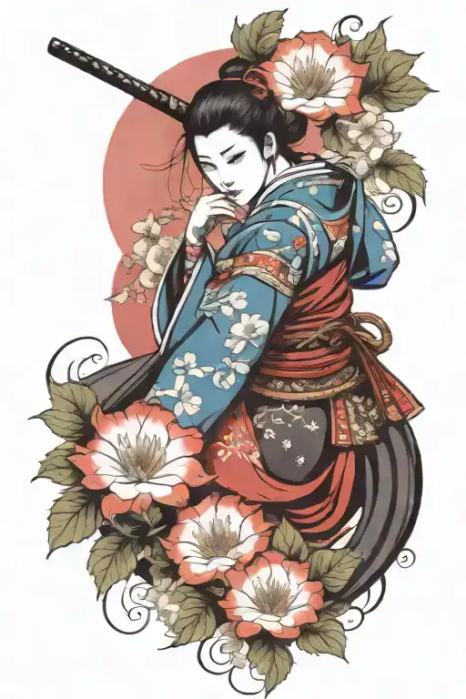 Japanese woman samurai warrior feminine demon in morning glory tattoo design idea