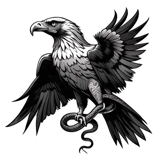 A stylized eagle that occupies the outer and upper part of the forearm (the most visible one).A smaller snake, that win tattoo design idea