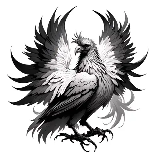 Realistic black and white portrait-style phoenix tattoo, with a long, smoothly curved neck and flowing, delicate body. T tattoo design idea