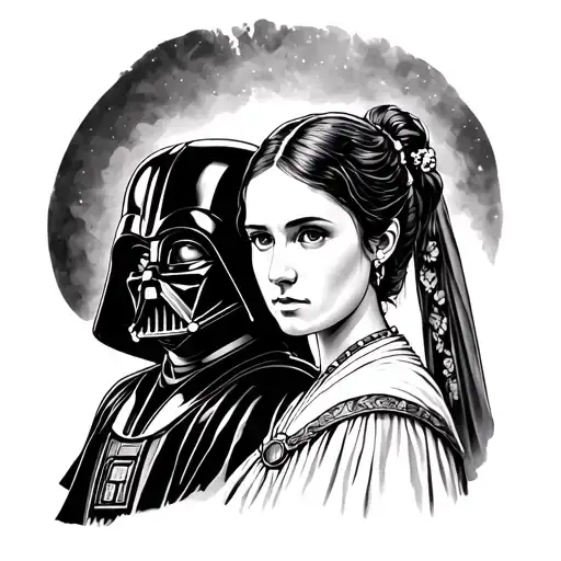 calf tattoo with an image of Dark Vader Leia and Luke Skywalker, Padme Amidala in a medieval Japan spirit tattoo design idea