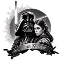 calf tattoo with an image of Dark Vader Leia and Luke Skywalker, Padme Amidala in a medieval Japan spirit tattoo design idea