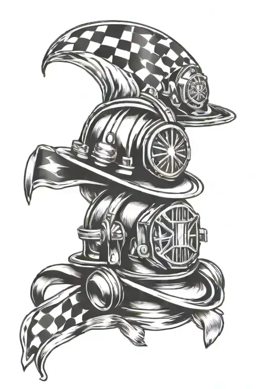 firefighters helmet with racing flags ribbon action tattoo design idea