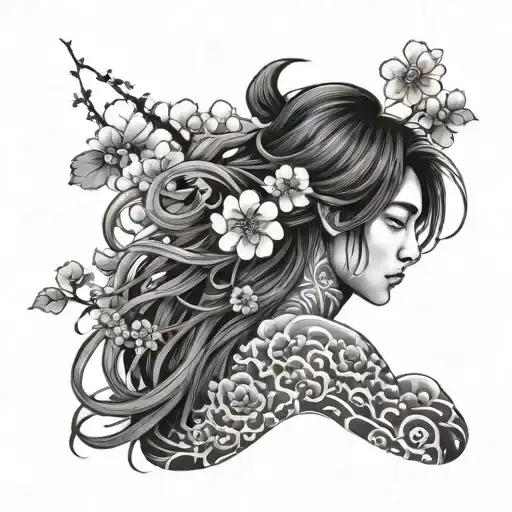 irezumi tattoo sakura flower and Japanese boy with long hair tattoo design idea