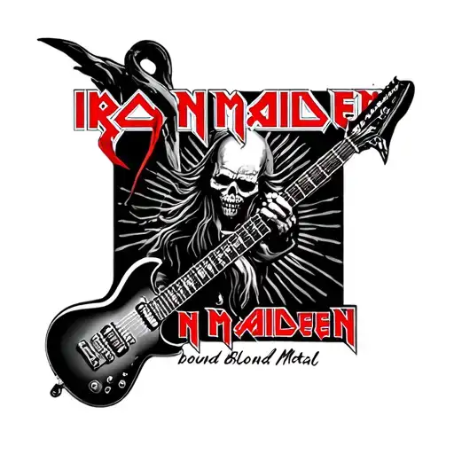 Iron Maiden eddi with a Electric guitar and a text called "bound in Blood and Metal" tattoo design idea