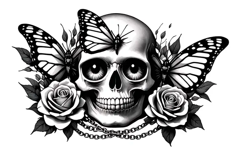 skull with butterfly on eye sockets, with rose and ball chain under female tattoo design idea