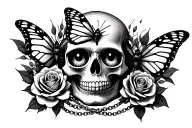skull with butterfly on eye sockets, with rose and ball chain under female tattoo design idea