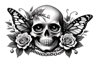skull with butterfly on eye sockets, with rose and ball chain under female tattoo design idea