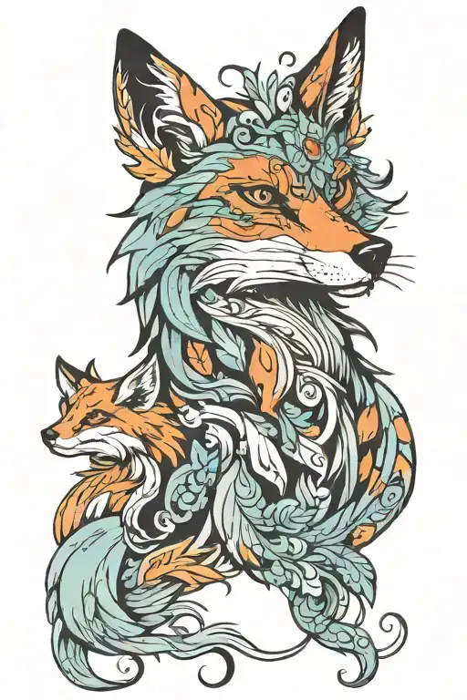 Fox, half rooster, wolf an a river  tattoo design idea