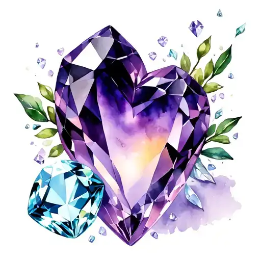 amethyst stone with diamond, aquamarine, opal heart stone tattoo design idea