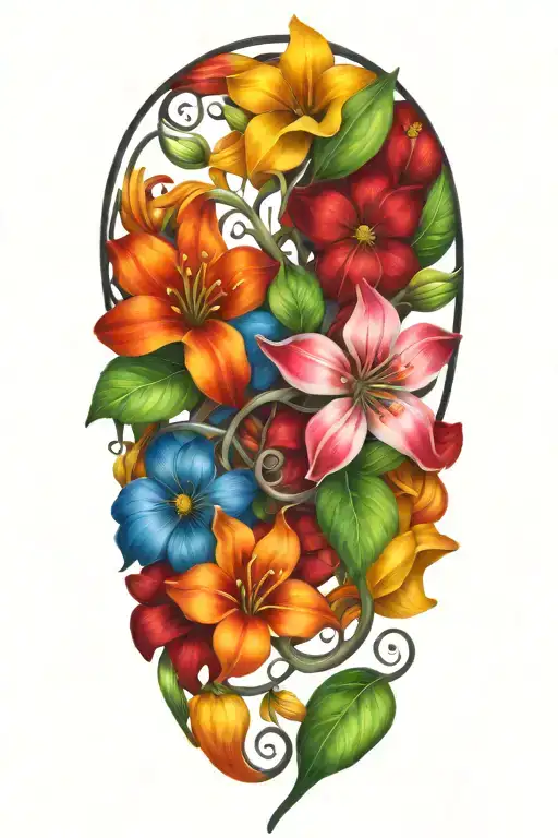 Colorful wildflowers intertwined around a vine tattoo design idea
