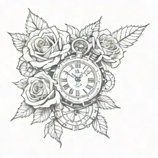 rose and clock gears intertwined roses tattoo design idea