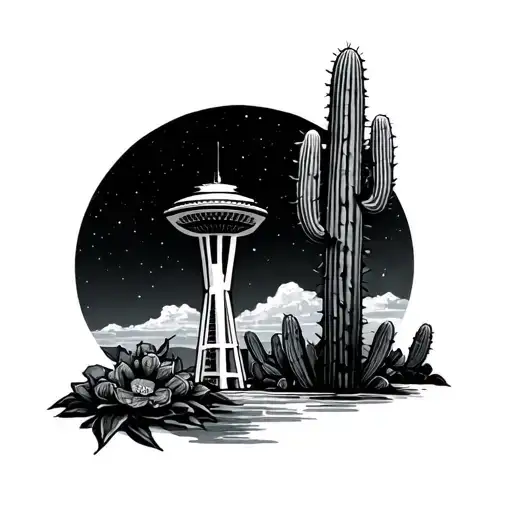 combine a cactus and the space needle tattoo design idea