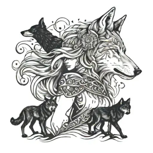A beautiful and mysterious Nordic goddess surrounded by swirling aurora borealis lights, with wolves and crows at her side, all depicted in a black-grey style tattoo design idea