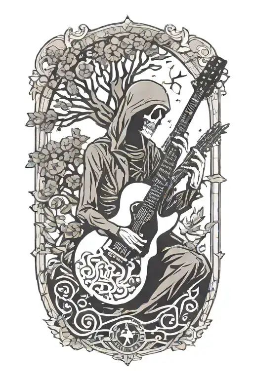 tree of life growing from electric guitar with grim reaper drinking a coffee tattoo design idea