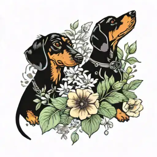 A tattoo design featuring two playful daschunds surrounded by a garden of vibrant flowers and vegetables, symbolizing the client's love for their pets and passion for gardening tattoo design idea