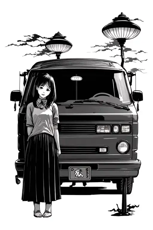 Japanese air lanterns, a girl of Asian appearance, against the background of a classic Japanese minivan tattoo design idea