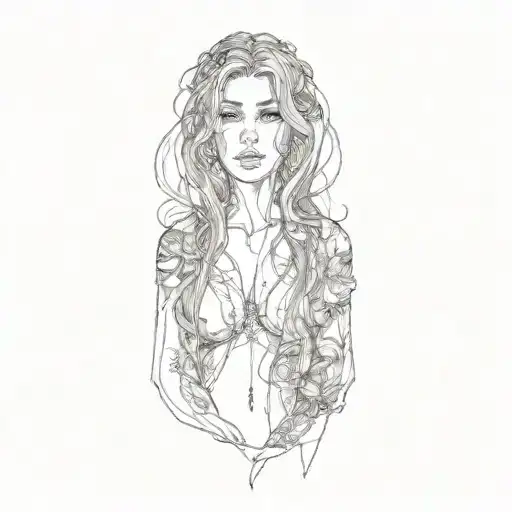 a portrait woman with long hair showing cleavage holding a robe open tattoo design idea