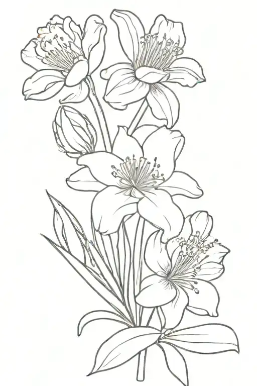line drawing of a small bouquet with a lily a daisy, narcissus, carnation, and aster flower tattoo design idea