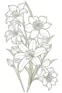 line drawing of a small bouquet with a lily a daisy, narcissus, carnation, and aster flower tattoo design idea