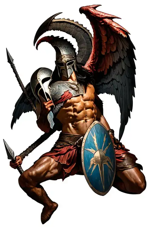 I want a warrior with a shield in his left hand, a spear in his right hand, a Spartan helmet and 2 wings. A demon lying  tattoo design idea