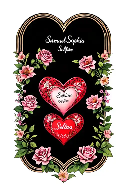 4 hearts in line with names Samuel, Sophia, Saphire, Selina surrounded by roses, lillys and blossom flowers tattoo design idea