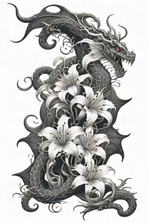 fantasy dragon, spider lilies back tattoo tattoo design idea