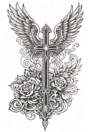 cross with big angle wings sitting tattoo design idea