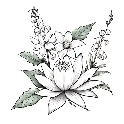 holly, daffodil, lily of the valley, honeysuckle and and a water lily in a fine line style and no shading tattoo design idea